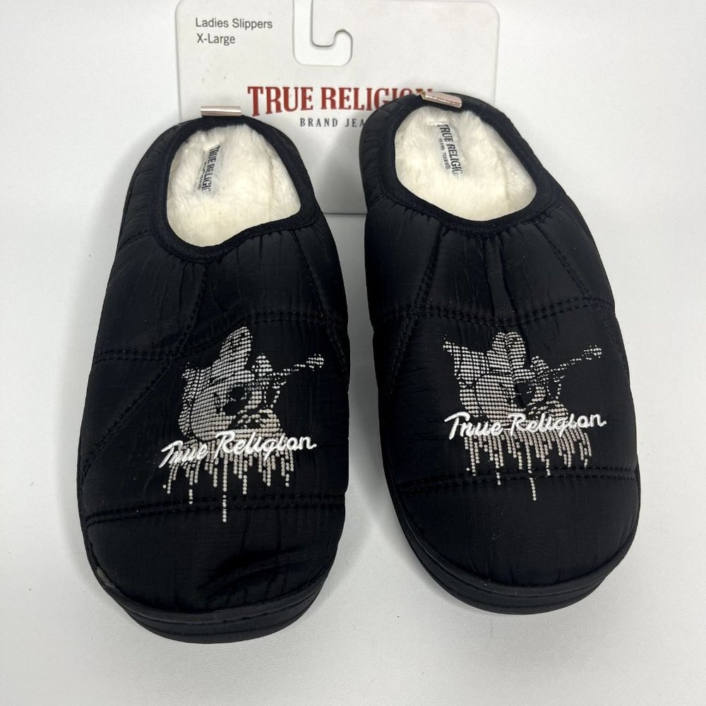 True Religion Brand Jeans Ladies Slippers Sz XL Buddha Logo Black Soft New